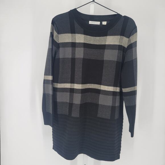 Passports Womens Sz M Knee Length Long Sleeve Sweater Dress Black Gray Plaid - Picture 1 of 5